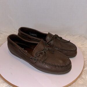 Minnetonka Moccasins Vintage Brown Dark Leather Driving Slippers Loafers SZ 10.5